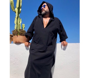 Mens Cotton Gauze Hooded Kaftan - Surfer Robe, Beach Cover-Up