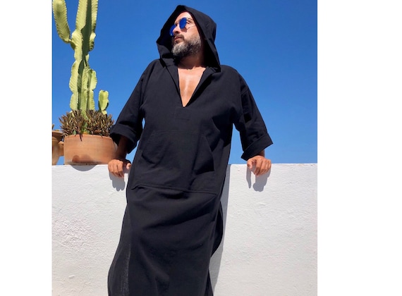 Mens Cotton Gauze Black Kaftan With Hood Surfers Robe Plain Black Natural Color Loose Kaftan for Men S Long Robe Tunic Etsy Australia
