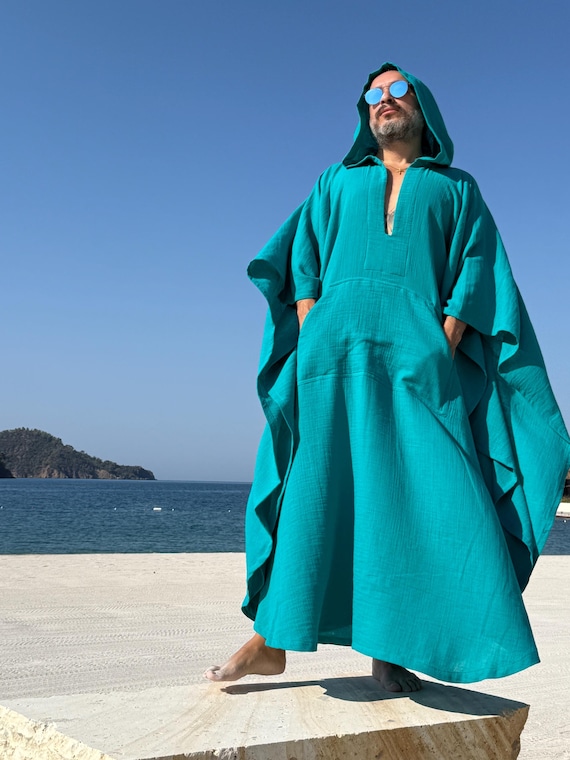Handmade Hooded Muslin Caftan - Turquoise Blue, Greek Style