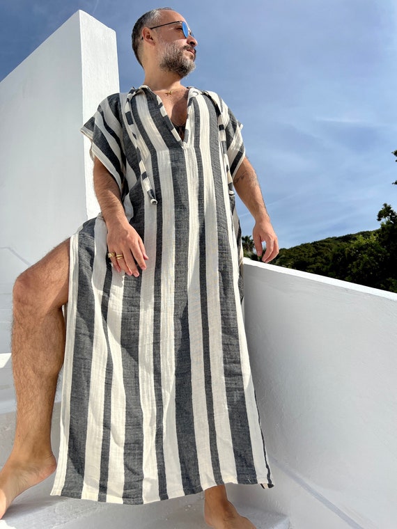 Striped Muslin Mens Kaftan, Festival Pool Party Tunic