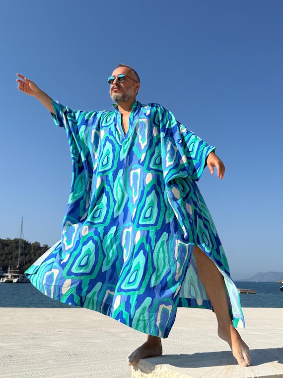 Handmade Mens Viscose Caftan, Blue Geometric Print, Boho Wedding Tunic