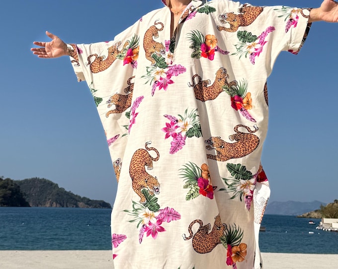 New Design! Mens Linen Kaftan / Leopard tropical greek style kaftan for men /  long tunic pool party caftan animal print turtle neck collar
