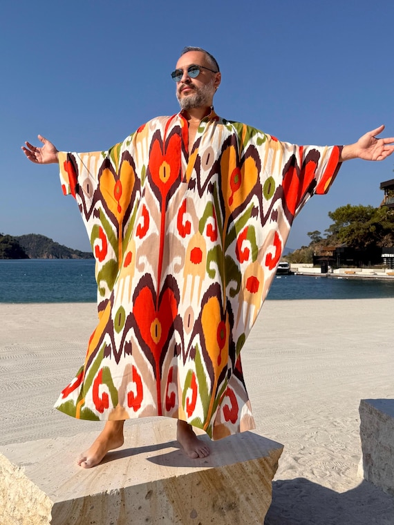 Ikat Viscose Mens Kaftan, Handmade Greek Style Long Tunic Orange Brown ikat