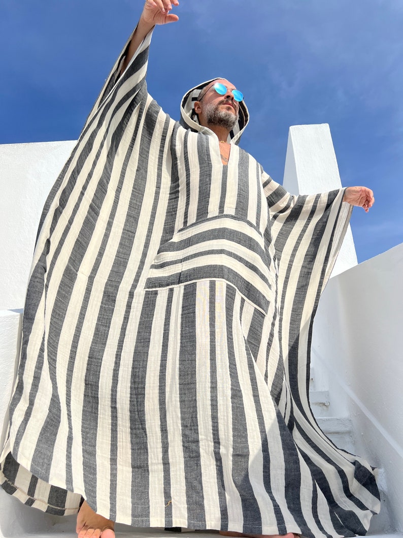 Mens muslin cotton kaftan with HOOD / muslin fabric authentic CAFTAN for men / greek style kaftan / loose kaftan gray striped image 5