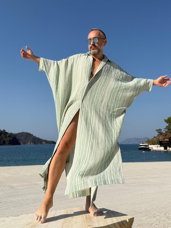 Button down mens Shirt Caftan Agave Green Striped Muslin and brown color