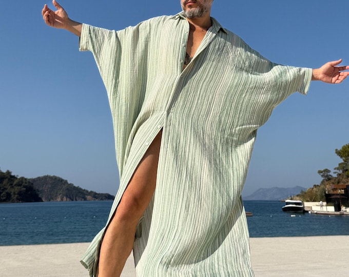 New! Shirt style Button down Caftan / Mens muslin caftan  /  cotton  authentic CAFTAN for men /  greek style kaftan / agave green striped