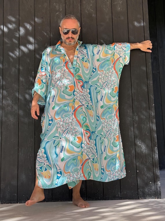 Mens Paisley Satin Caftan, Band Collar, Plus Size Resort Wear