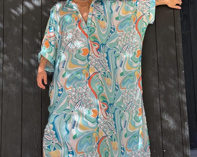 Mens Caftan green paisley caftan for men, kaftan tunic pool party , band collar dress plus size kaftan satin caftan