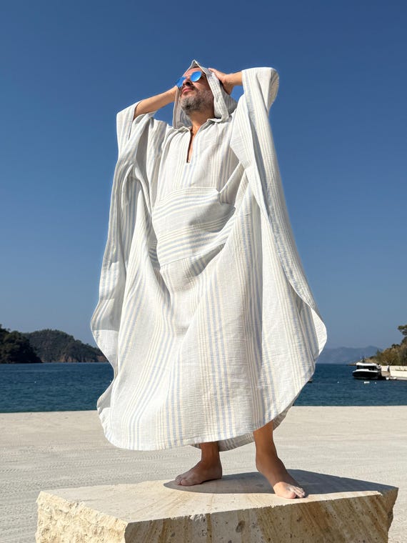 Mens Striped Cotton Gauze Caftan: Greek Style Hooded Robe