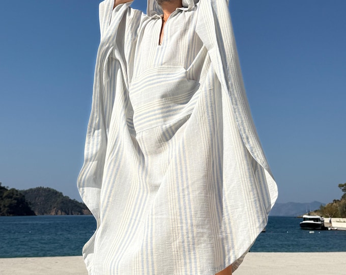 Mens caftan lightweight cotton gauze  authentic CAFTAN for men /  greek style kaftan / loose kaftan blue and white striped