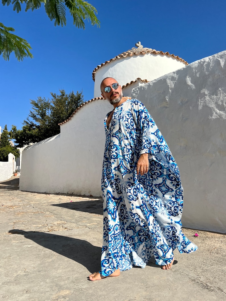 Mens Viscose Caftan Blue majolica print caftan for men, kaftan tunic pool party , billowy dress plus size kaftan caftan image 7