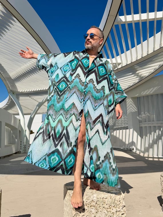 Mens Ikat Shirt Caftan - Cotton Voile Lightweight Boho Loungewear - button down shirt kaftan - green black