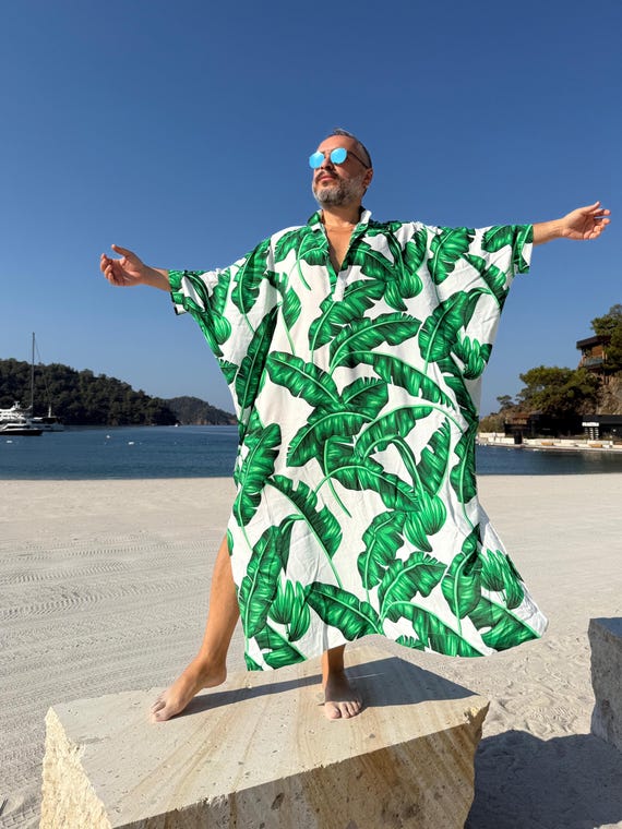 Mens Handmade Viscose Caftan: Green Palm Print, Turtle Neck Collar