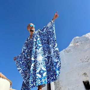 Mens Viscose Caftan Blue majolica print caftan for men, kaftan tunic pool party , billowy dress plus size kaftan caftan image 6