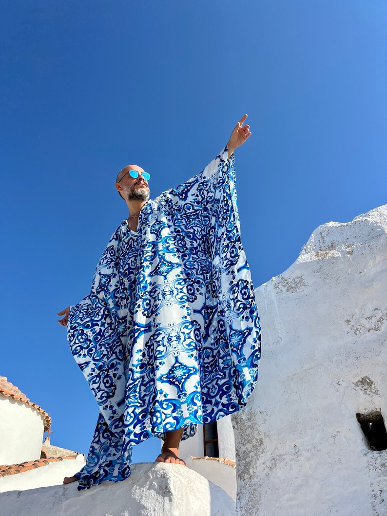 Mens Viscose Caftan Blue majolica print caftan for men, kaftan tunic pool party , billowy dress plus size kaftan caftan image 6