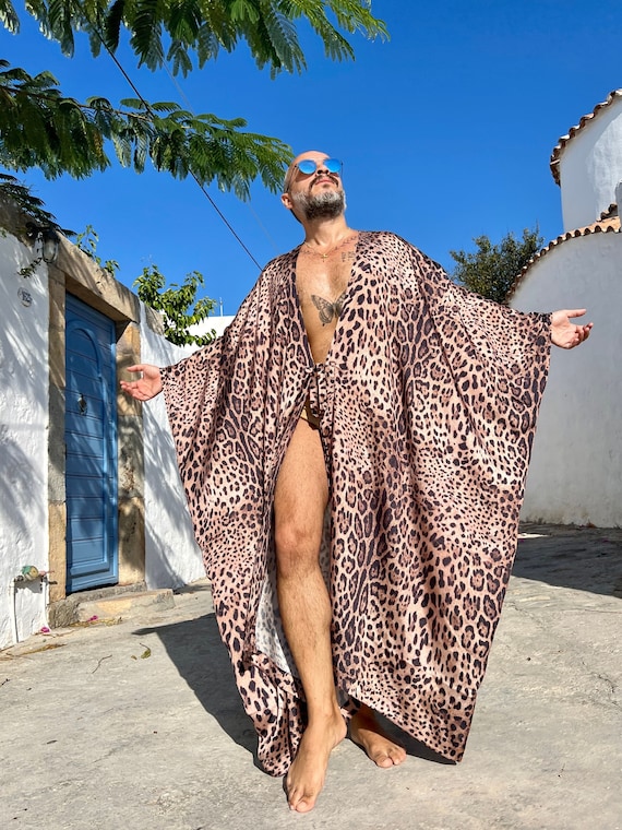 Handmade Leopard Print Chiffon Men's Caftan Robe, Festival Kimono