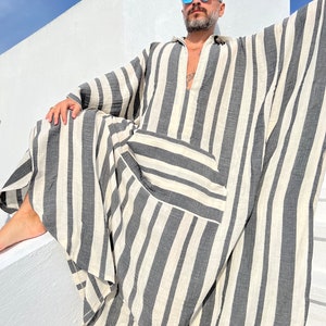 Mens muslin cotton kaftan with HOOD / muslin fabric authentic CAFTAN for men / greek style kaftan / loose kaftan gray striped image 4