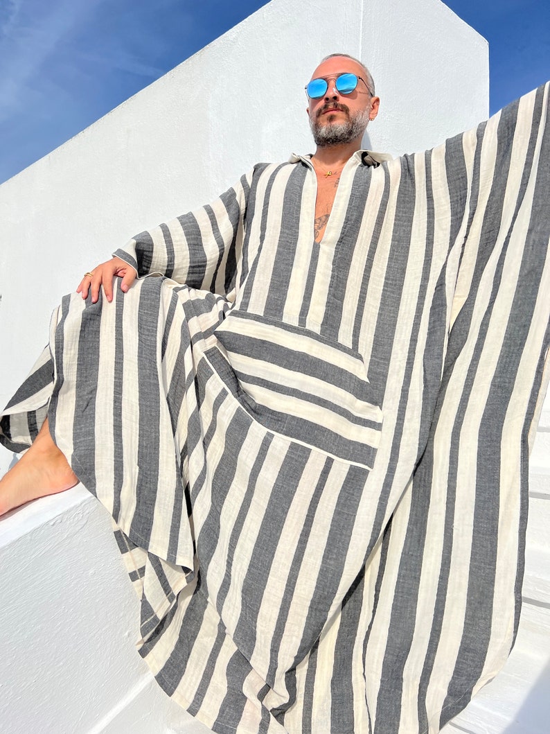 Mens muslin cotton kaftan with HOOD / muslin fabric authentic CAFTAN for men / greek style kaftan / loose kaftan gray striped image 4