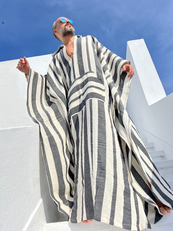Mens Hooded Muslin Cotton Kaftan - Gray Striped Greek Style Robe - brown striped