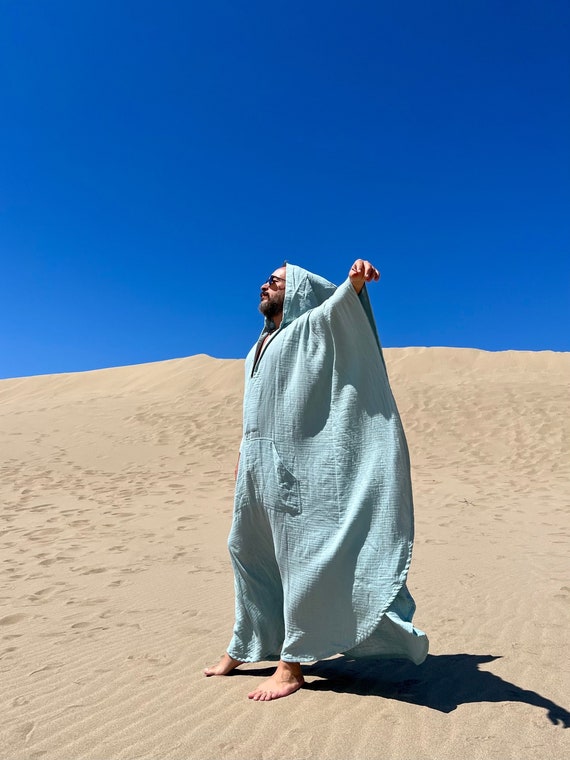 Mens Hooded Muslin Caftan: Agave Green Cotton, Plus Size Available