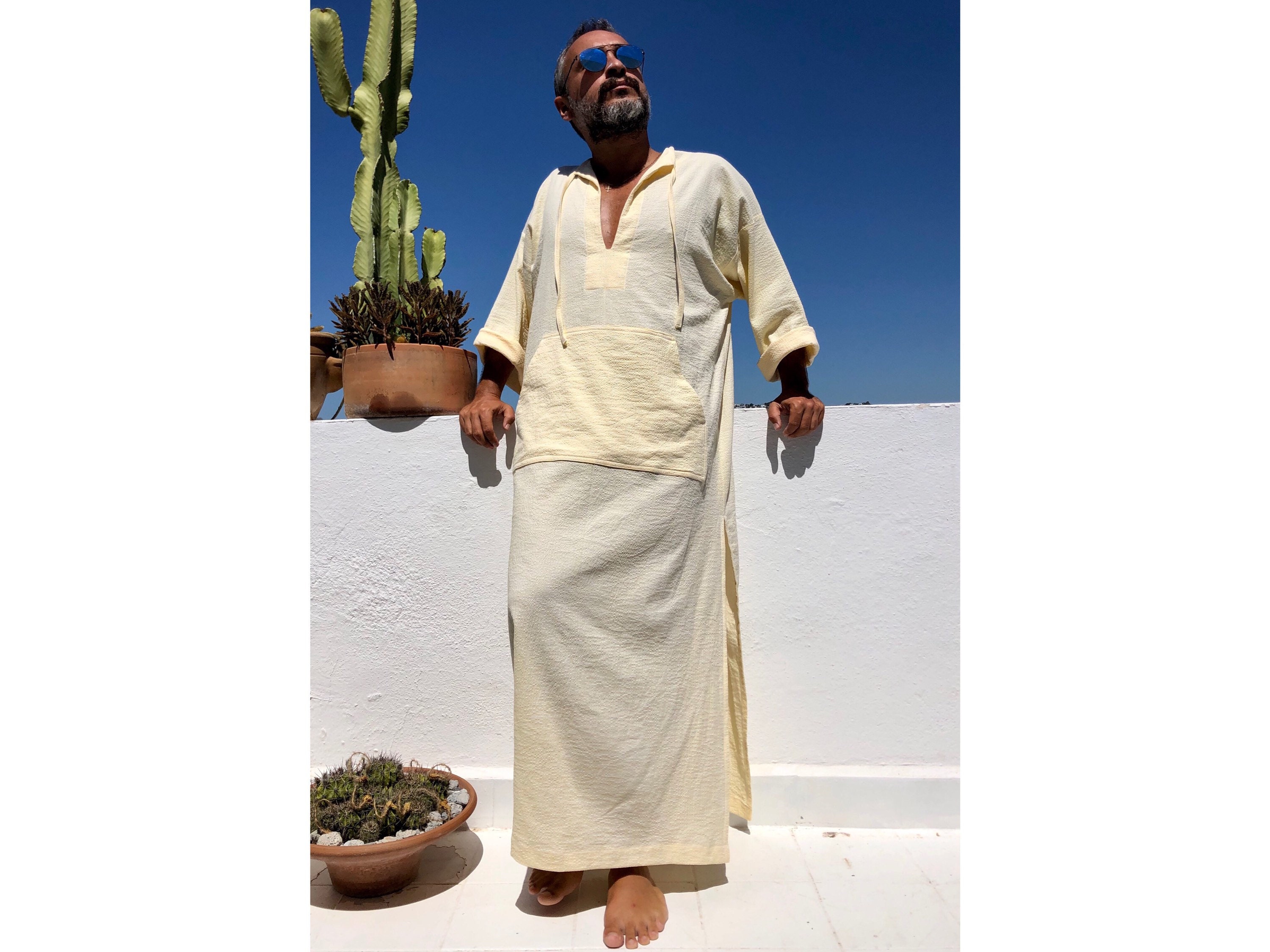 Griekse stijl kaftan mens viscose kaftan Kleding Herenkleding Pyjamas & Badjassen kaftan voor mannen losse mid kaftan blauwe palmboom kaftan voor mannen 
