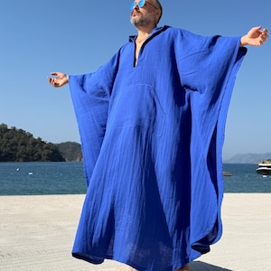 Mens muslin caftan with HOOD /  cotton muslin fabric authentic CAFTAN for men /  greek style kaftan / loose kaftan indigo blue