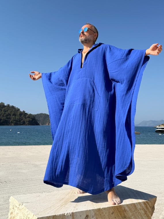 Handmade Indigo Blue Muslin Caftan with Hood, Greek Style