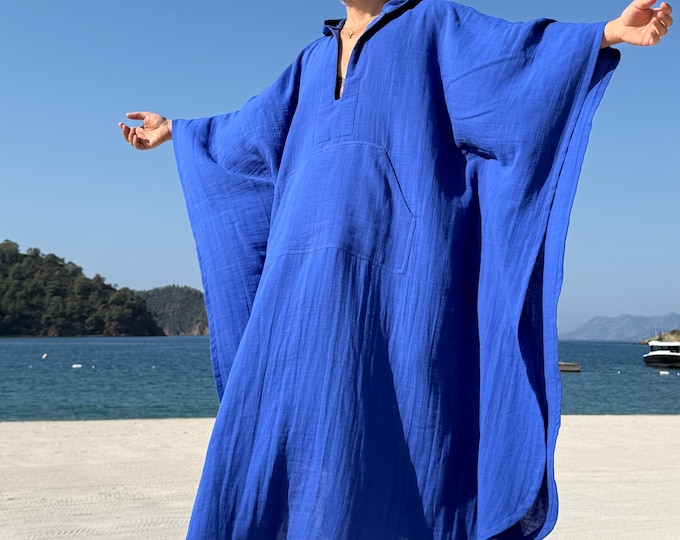 Mens muslin caftan with HOOD /  cotton muslin fabric authentic CAFTAN for men /  greek style kaftan / loose kaftan indigo blue
