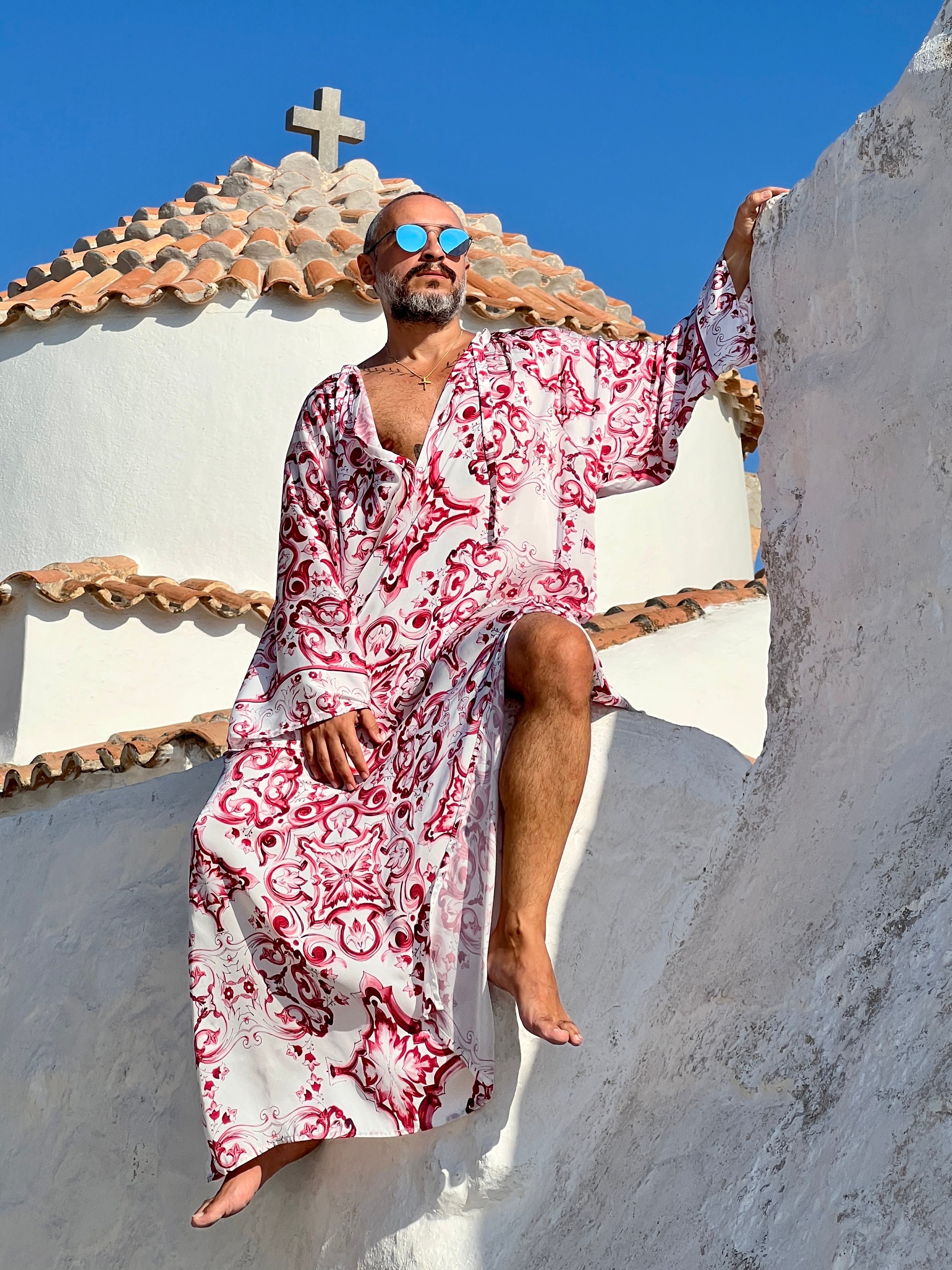 Mens Caftan Blue Red majolica print caftan for men kaftan tunic pool party billowy dress plus size kaftan satin caftan