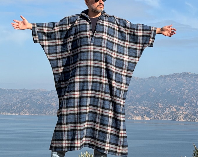 Mens Winter Tartan Plaid Flannel Caftan