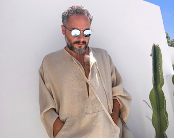 Men's Beige Cotton Gauze Hemp Midcalf Caftan, Lightweight Loungewear, Kangaroo Pocket