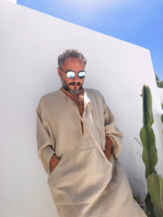 Men's Beige Cotton Gauze Hemp Midcalf Caftan, Lightweight Loungewear, Kangaroo Pocket
