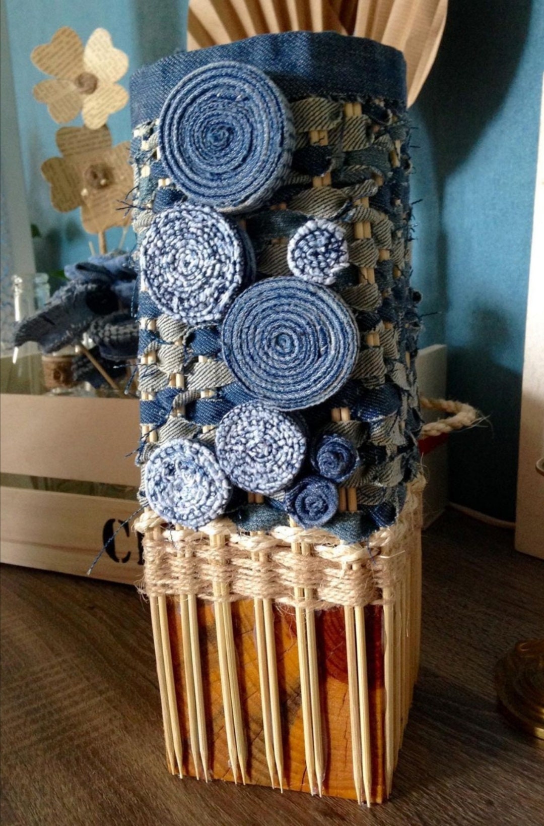 Vase Socle Bois Olivier Tissage Jean