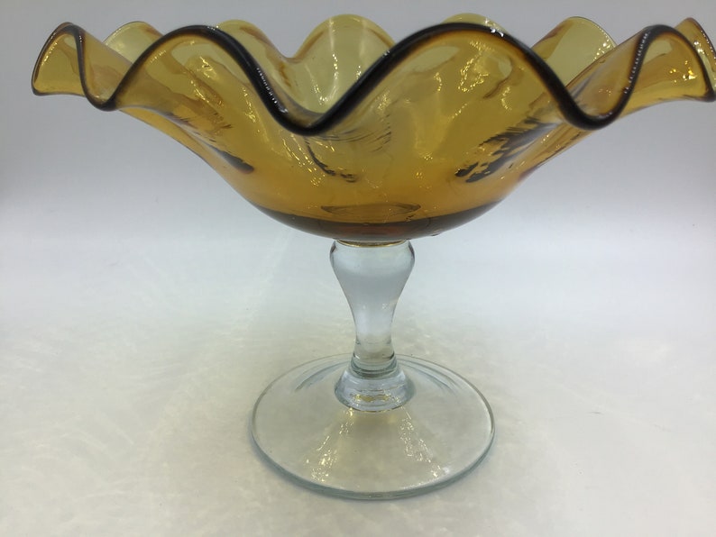 Amber Fluted Compote or Candy Dish Mid Century