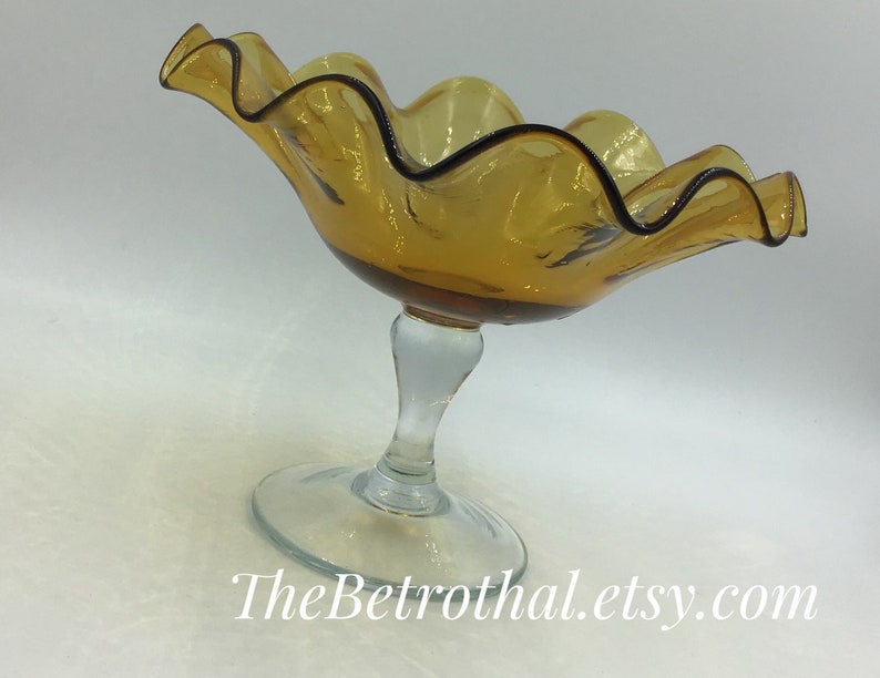 Amber Fluted Compote or Candy Dish Mid Century