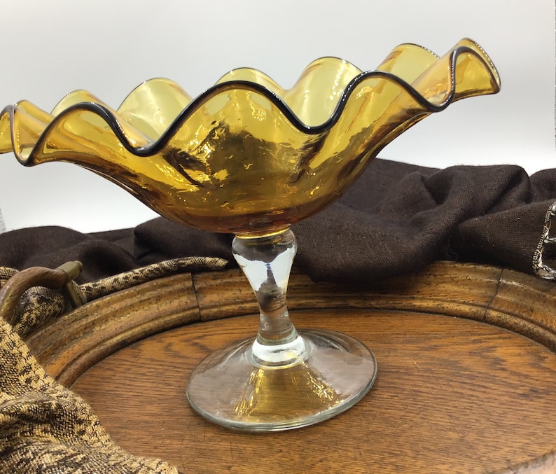Amber Fluted Compote or Candy Dish Mid Century
