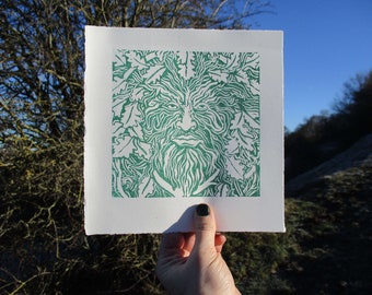 The Oak King - Limited Edition -Hand-Printed Lino - Green Man - Wall Art