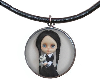 Steel Pendant, 30mm, Leather Cord, Handmade, Wednesday Addams Doll Illustration