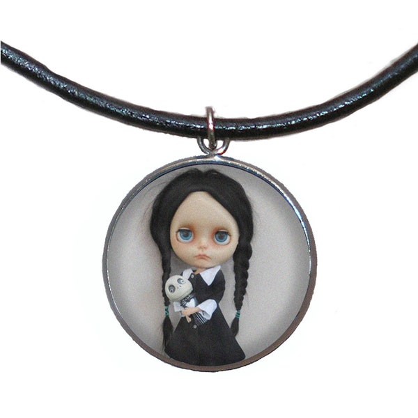 Steel Pendant, 30mm, Leather Cord, Handmade, Wednesday Adams Doll Illustration