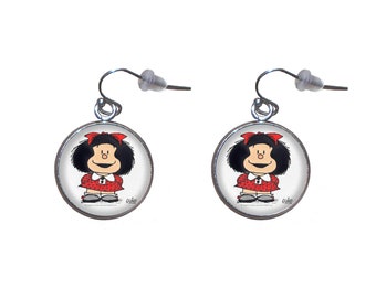 Steel dangle earrings, 20mm diameter, handmade with Mafalda 2 illustration