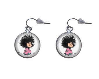 Steel Dangle Earrings, Diameter 20mm, Handmade Mafalda Illustration