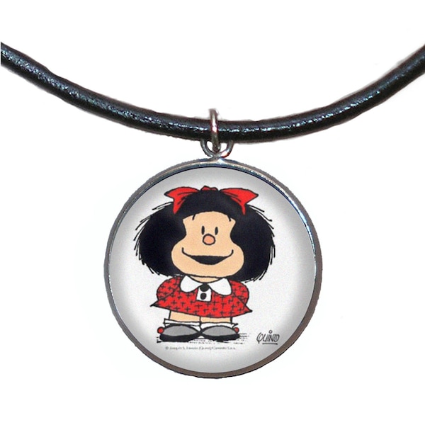 Colgante de Acero, 30mm, Cordón de cuero,Hecho a mano, Ilustración Mafalda 2