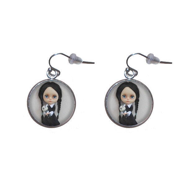 Steel Dangle Earrings, Diameter 20mm, Handmade Illustration Wednesday Adams Doll