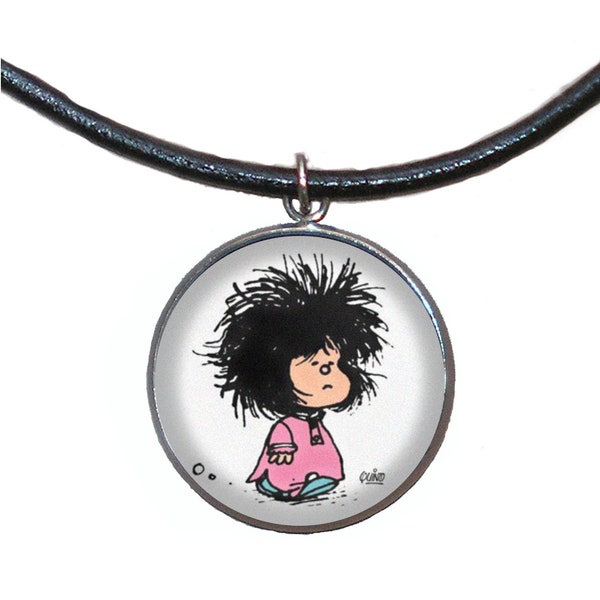 Colgante de Acero, 30mm, Cordón de cuero,Hecho a mano, Ilustración Mafalda