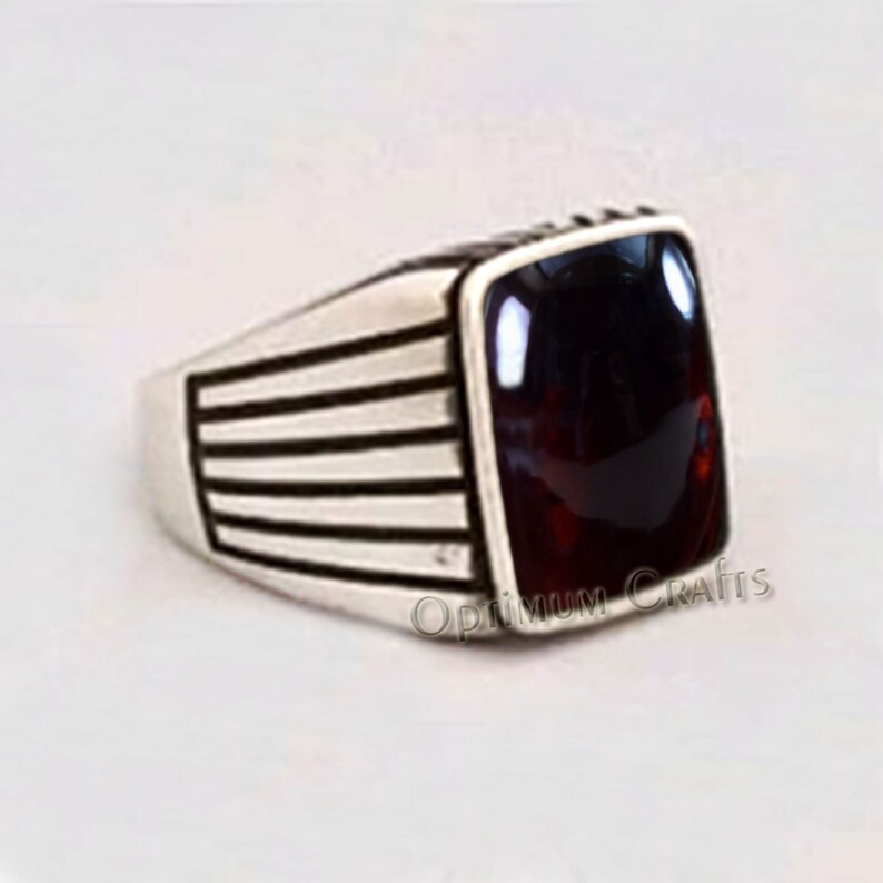 Natural Red Garnet Ring Cabochon Garnet 925 Sterling Silver Artisan Crafted Ring January Birthstone Ring Birthday Anniversary Gift for Mens