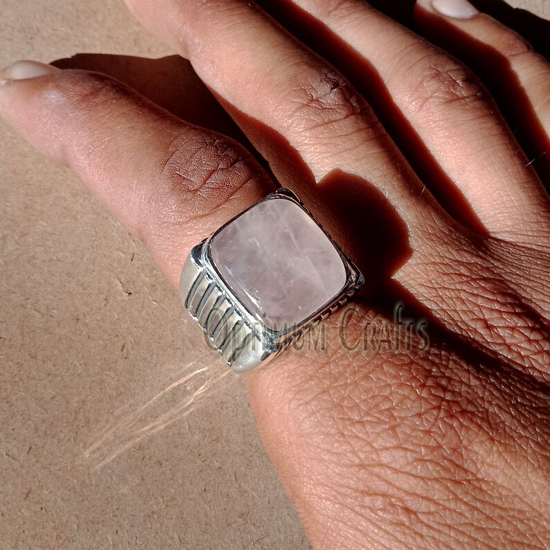 Natural Rose Quartz Ring Smooth Cabochon Cushion Rose Quartz Real 925 Sterling Silver Handmade Sterling Silver Ring Heavy Rose Quartz Ring