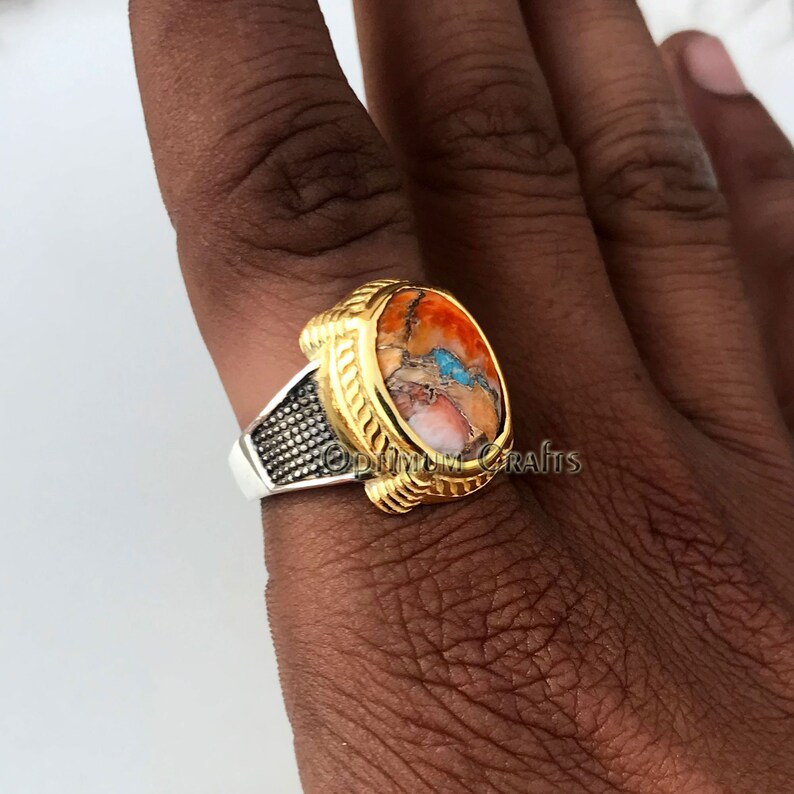 Mens Oyster Copper Ring Brilliant Three Tone Mens Signet Ring Solid 925 Sterling Silver Ring Yellow Gold Plated Ring Cab Turquoise Ring