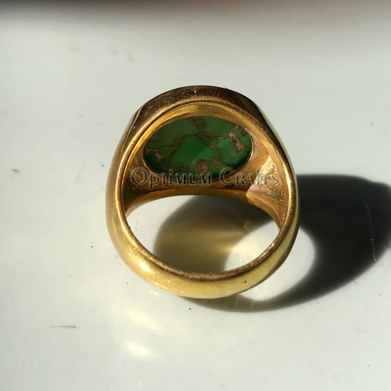 Green copper turquoise ring 925 solid sterling silver round cab yellow gold plated statement ring handmade gemstone plain mens handmade ring