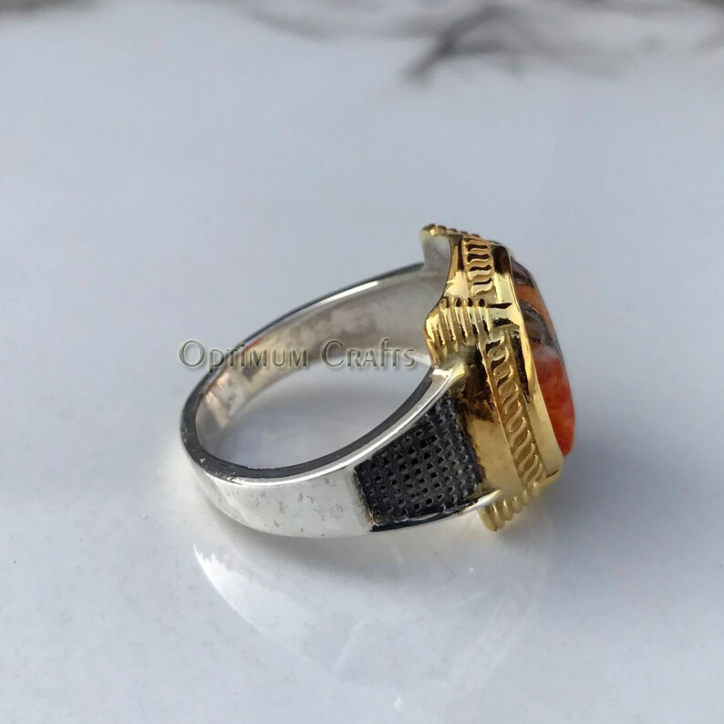 Mens Oyster Copper Ring Brilliant Three Tone Mens Signet Ring Solid 925 Sterling Silver Ring Yellow Gold Plated Ring Cab Turquoise Ring