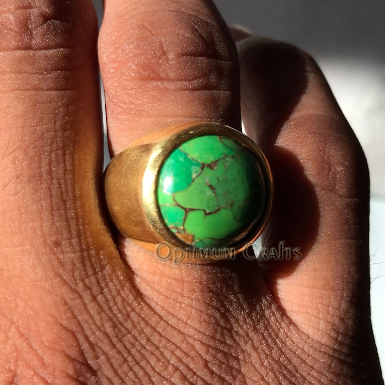 Green copper turquoise ring 925 solid sterling silver round cab yellow gold plated statement ring handmade gemstone plain mens handmade ring